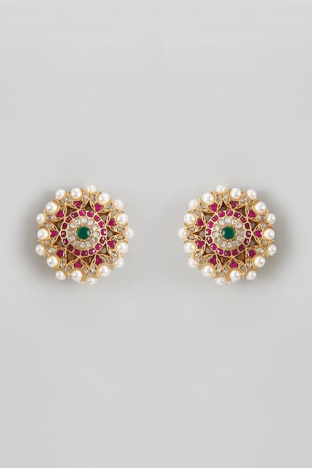 Shop_Karisa Designs_Red Stones, Pearls Kundan Embellished Studs _at_Aza_Fashions