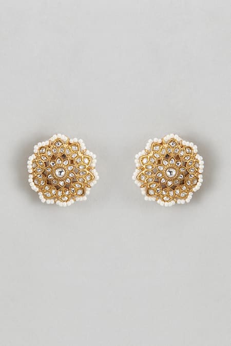 Shop Karisa Designs White Stones, Pearls Flower Carved Kundan Studs at Aza Fashions Shop_Karisa Designs_White Stones, Pearls Flower Carved Kundan Studs _at_Aza_Fashions