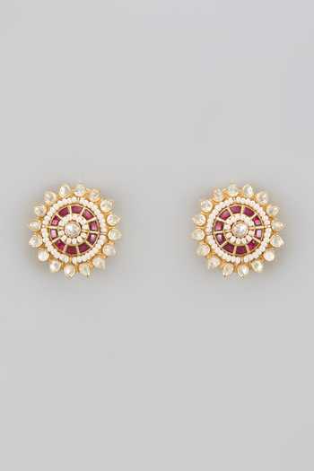 Shop Karisa Designs Red Pearls, Gota Patti Moissanite Polki Carved Studs at Aza Fashions Shop_Karisa Designs_Red Pearls, Gota Patti Moissanite Polki Carved Studs _at_Aza_Fashions
