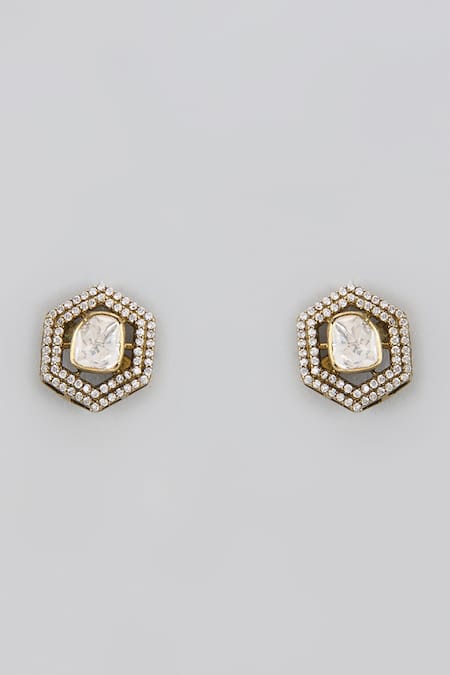 Shop_Karisa Designs_White Crystals, Diamonds Victorian Embellished Studs _at_Aza_Fashions