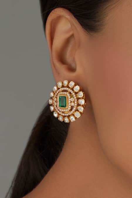 Karisa Designs Moissanite Polki Embellished Carved Studs 