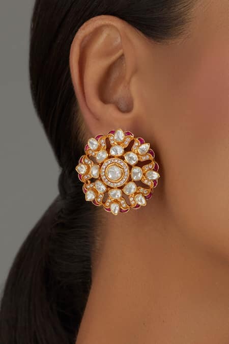 Karisa Designs White Crystals, Diamonds Moissanite Polki Embellished Carved Studs 