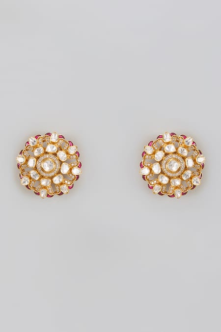 Shop_Karisa Designs_White Crystals, Diamonds Moissanite Polki Embellished Carved Studs _at_Aza_Fashions
