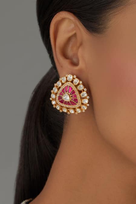 Karisa Designs Moissanite Polki Embellished Geometric Carved Studs 