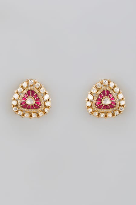 Shop Karisa Designs Red Crystals, Diamonds Moissanite Polki Embellished Geometric Carved Studs at Aza Fashions Shop_Karisa Designs_Red Crystals, Diamonds Moissanite Polki Embellished Geometric Carved Studs _at_Aza_Fashions