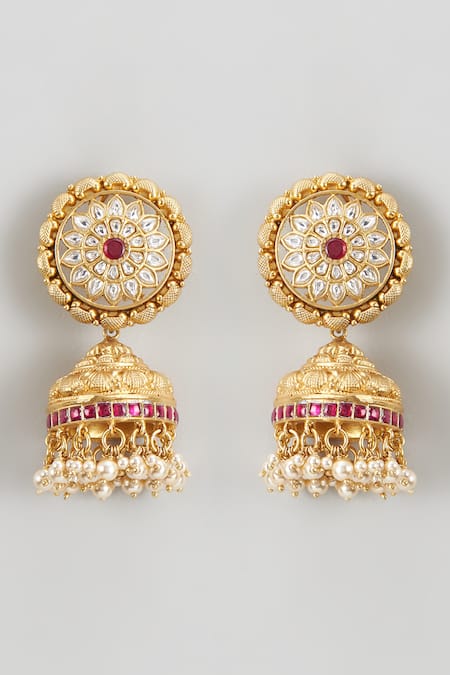 Shop Karisa Designs Gold Plated Pearls, Stones Geometric Carved Jhumkas at Aza Fashions Shop_Karisa Designs_Gold Plated Pearls, Stones Geometric Carved Jhumkas _at_Aza_Fashions