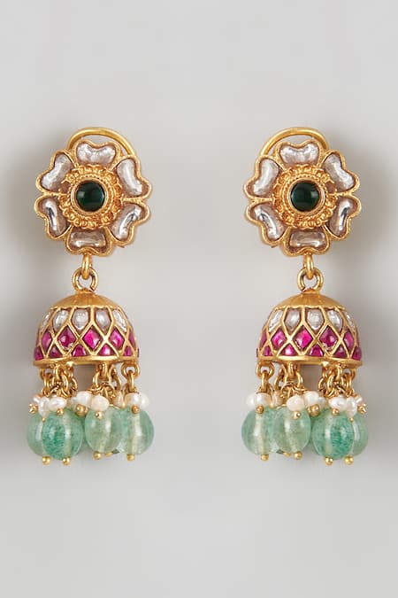 Shop Karisa Designs Red Pearls, Stones Kundan Studded Jhumkas at Aza Fashions Shop_Karisa Designs_Red Pearls, Stones Kundan Studded Jhumkas _at_Aza_Fashions