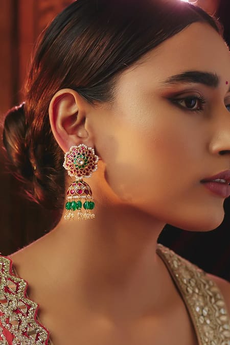 Karisa Designs Red Floral Carved Cutwork Jhumkas 