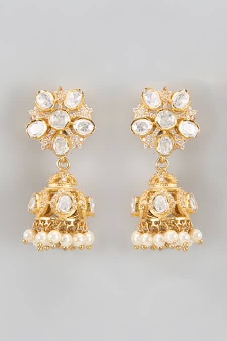 Shop Karisa Designs White Cubic Zirconia Embellished Jhumkas at Aza Fashions Shop_Karisa Designs_White Cubic Zirconia Embellished Jhumkas _at_Aza_Fashions