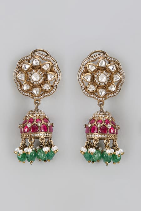Shop Karisa Designs White Victorian Stone Embellished Jhumkas at Aza Fashions Shop_Karisa Designs_White Victorian Stone Embellished Jhumkas _at_Aza_Fashions