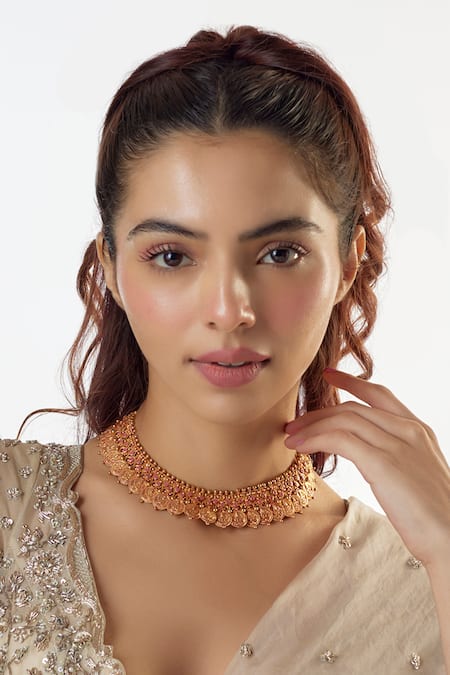 Karisa Designs Gold Plated Goddess Laxmi Coin Carved Choker 