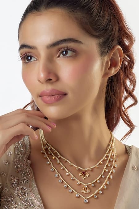 Karisa Designs White Kundan Pearl Embellished Layered Necklace 