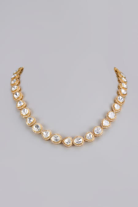 Shop Karisa Designs Silver Plated Moissanite Polki And Cz Embellished Necklace at Aza Fashions Shop_Karisa Designs_Silver Plated Moissanite Polki And Cz Embellished Necklace _at_Aza_Fashions