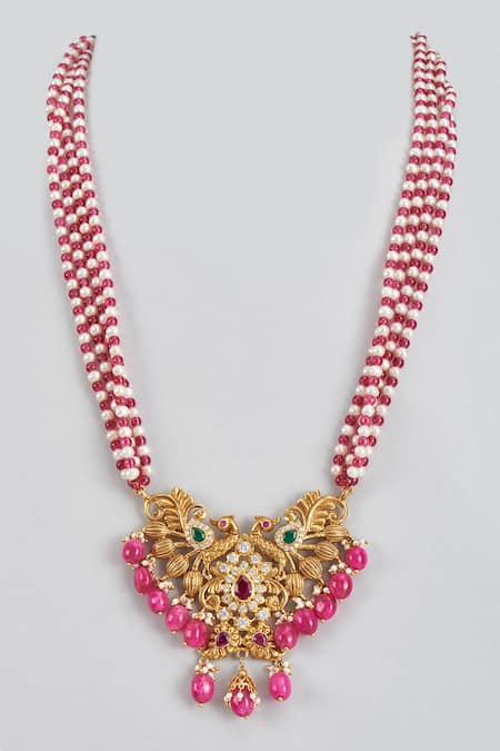 Karisa Designs Red Kundan Carved Peacock Motif Pendant Necklace 