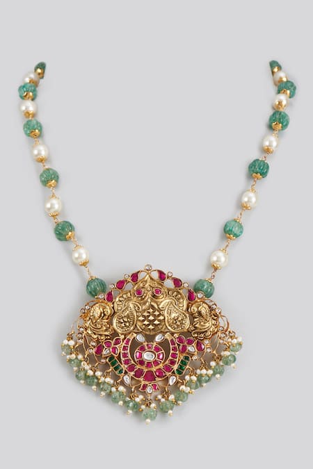 Karisa Designs Gold Plated Kundan Carved Stone Embellished Pendant Necklace 