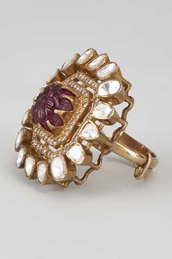 Karisa Designs_Red Stones, Zari Moissanite Polki And Cz Embellished Ring _Online_at_Aza_Fashions