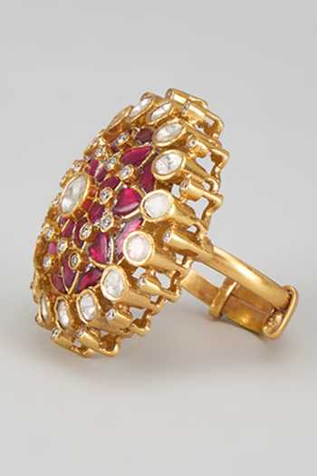 Karisa Designs_Red Stones Cz And Moissanite Polki Embellished Ring _Online_at_Aza_Fashions