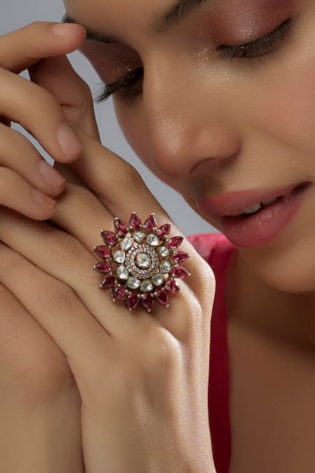 Karisa Designs Red Moissanite Polki Victorian Embellished Floral Ring 