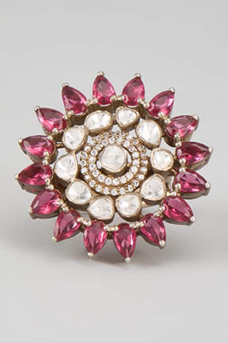 Shop Karisa Designs Red Diamonds, Stones Victorian Moissanite Polki Embellished Floral Ring at Aza Fashions Shop_Karisa Designs_Red Diamonds, Stones Victorian Moissanite Polki Embellished Floral Ring _at_Aza_Fashions