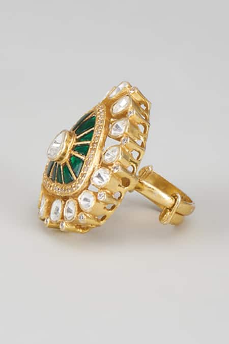 Shop Karisa Designs Green Stones, Diamonds Cz And Embellished Ring at Aza Fashions Shop_Karisa Designs_Green Stones, Diamonds Cz And Embellished Ring _at_Aza_Fashions