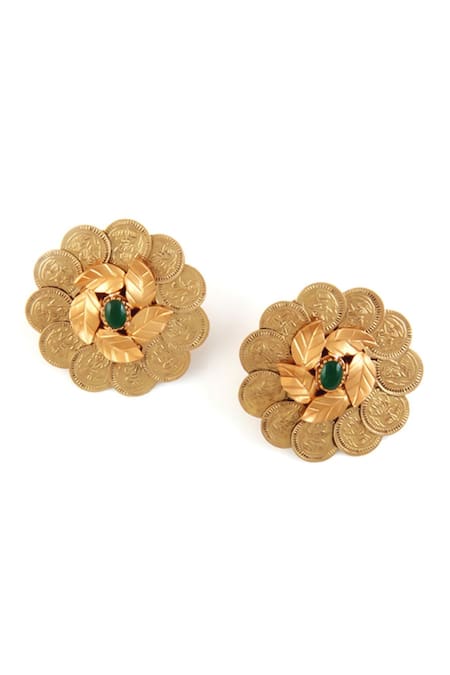 Shop Suhani Pittie Gold Plated Crystals Kasu Foliage Stud Earrings at Aza Fashions Shop_Suhani Pittie_Gold Plated Crystals Kasu Foliage Stud Earrings _at_Aza_Fashions