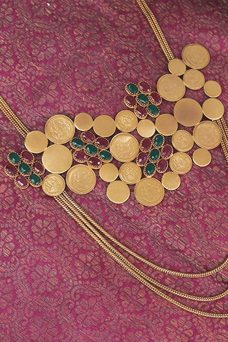 Shop Suhani Pittie Red Kasu Coin Embellished Galaxy Cluster Necklace at Aza Fashions Shop_Suhani Pittie_Red Kasu Coin Embellished Galaxy Cluster Necklace _at_Aza_Fashions