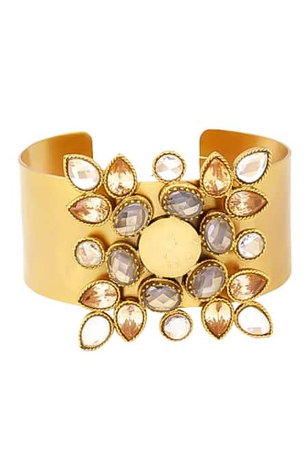 Shop Suhani Pittie White Crystals And Kasu Coin Embellished Snowflake Cuff Bracelet at Aza Fashions Shop_Suhani Pittie_White Crystals And Kasu Coin Embellished Snowflake Cuff Bracelet _at_Aza_Fashions