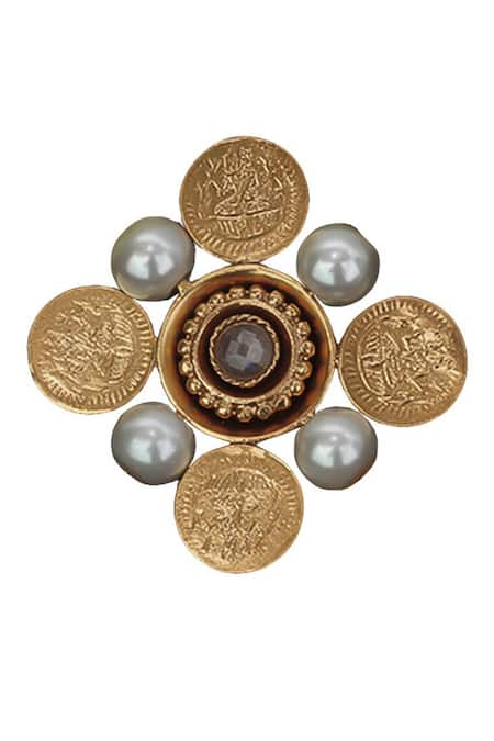 Suhani Pittie Gold Crystal Kasu Coin Hair Brooch-Set of 2 Online at Aza Fashions Suhani Pittie_Gold Crystal Kasu Coin Hair Brooch-Set of 2 _Online_at_Aza_Fashions