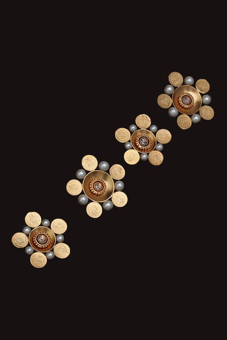 SUHANI PITTIE Gold Crystal Kasu Coin Floral Hair Brooch-Set of 4 