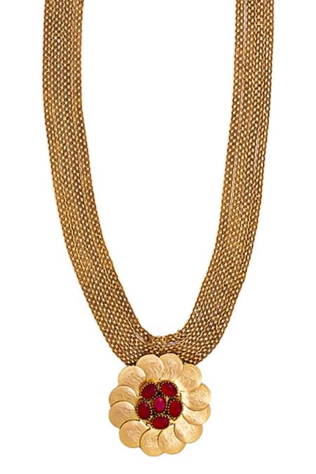Shop Suhani Pittie Gold Plated Kasu Coin Floral Pendant Necklace at Aza Fashions Shop_Suhani Pittie_Gold Plated Kasu Coin Floral Pendant Necklace _at_Aza_Fashions