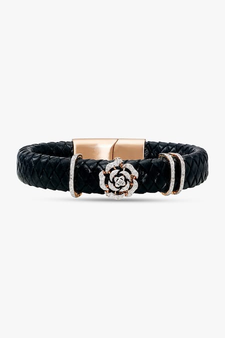 Rowas Jewels Gold Plated Diamond Rose Vegan Leather Natural Bracelet 