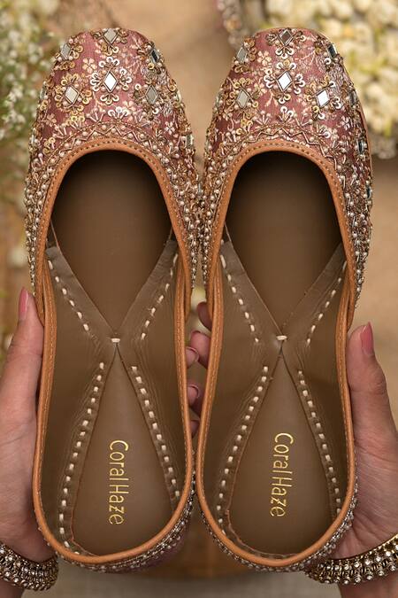 Shop Coral Haze Pink Zardozi Falak Mirror Embroidered Juttis at Aza Fashions Shop_Coral Haze_Pink Zardozi Falak Mirror Embroidered Juttis_at_Aza_Fashions