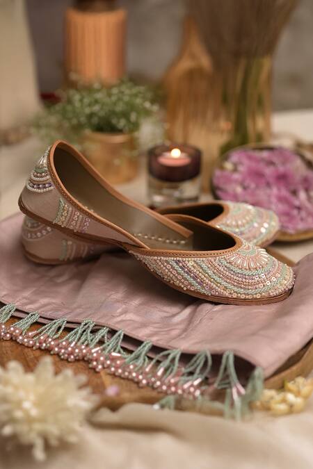 Buy_Coral Haze_Multi Color Glass Bead Saanjh Embroidered Juttis _Online_at_Aza_Fashions