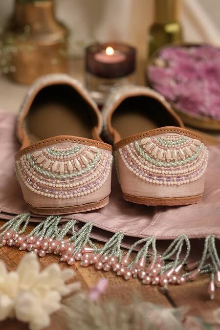 Shop_Coral Haze_Multi Color Glass Bead Saanjh Embroidered Juttis _Online_at_Aza_Fashions