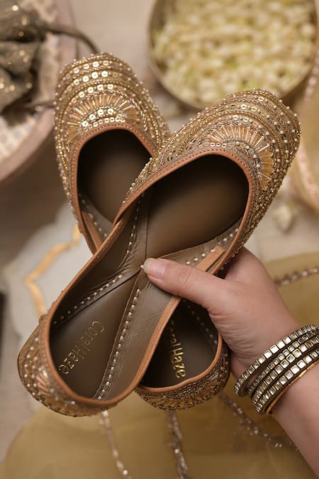Coral Haze_Gold Mehfil Glass Bead Embroidered Juttis _Online_at_Aza_Fashions