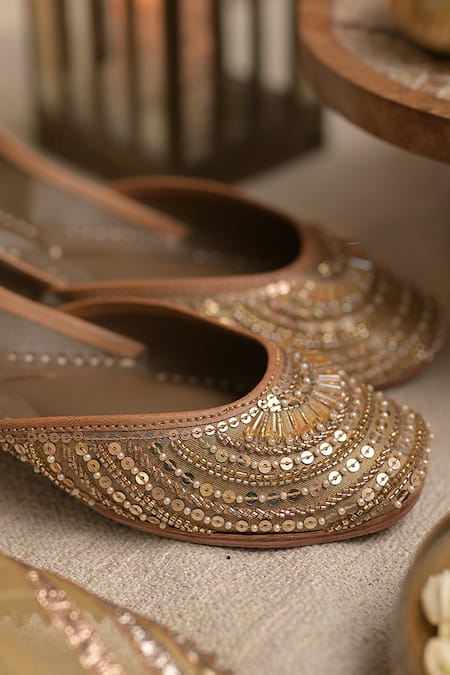 Buy_Coral Haze_Gold Mehfil Glass Bead Embroidered Juttis _Online_at_Aza_Fashions