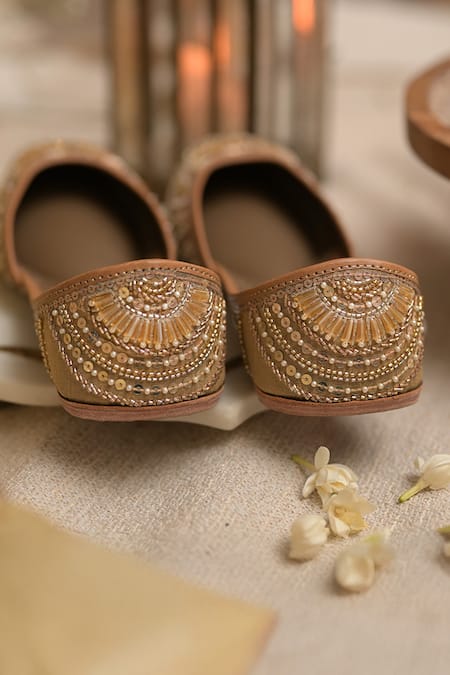 Shop_Coral Haze_Gold Mehfil Glass Bead Embroidered Juttis _Online_at_Aza_Fashions