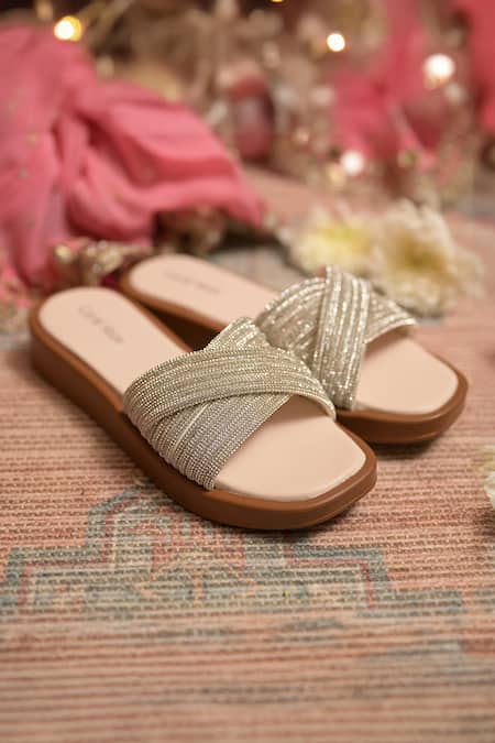 Coral Haze Moon Rhinestone Embellished Sliders 