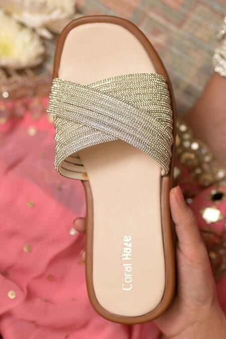 Coral Haze_Silver Rhinestone Moon Embellished Sliders _Online_at_Aza_Fashions