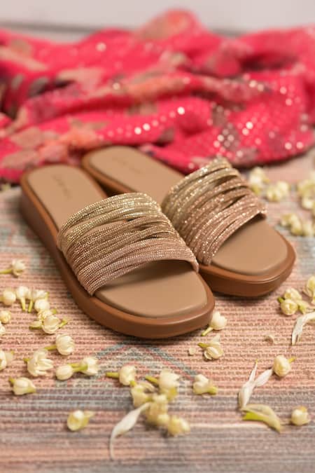 Coral Haze Gold Rhinestone Embellished Sliders 