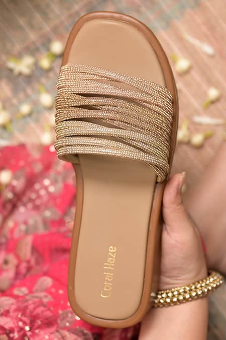 Coral Haze Gold Rhinestone Embellished Sliders Online at Aza Fashions Coral Haze_Gold Rhinestone Embellished Sliders _Online_at_Aza_Fashions