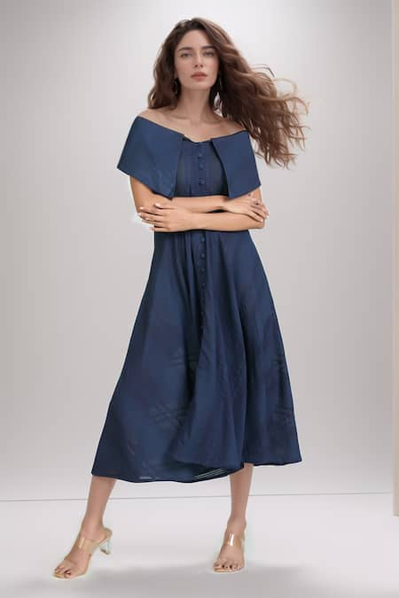 Samyukta Singhania Blue Cotton Solid Off Shoulder Exaggerated Collared Dress 