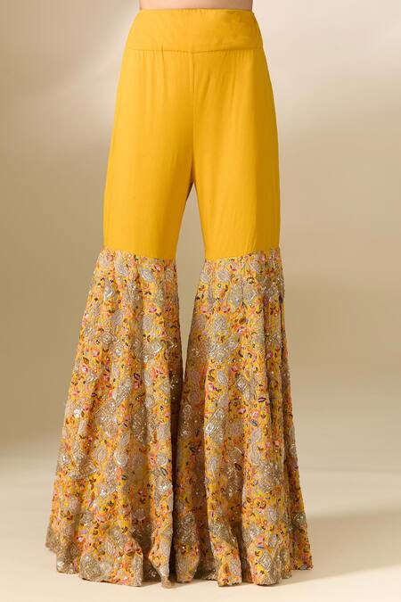 Buy_Anamika Khanna_Yellow Silk Embroidery Kesar Draped Sharara Saree With Unstitched Blouse Piece