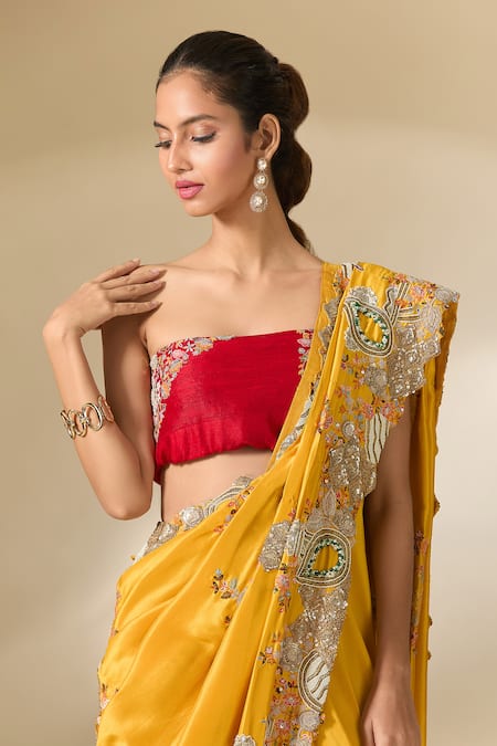 Shop_Anamika Khanna_Yellow Silk Embroidery Kesar Draped Sharara Saree With Unstitched Blouse Piece
