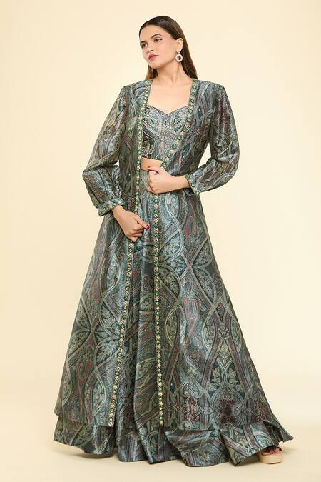 Shop Samyukta Singhania Green Silk Stones Asymmetric, Open Neck Embellished Hem Jacket With Lehenga Set Shop_Samyukta Singhania_Green Silk Stones Asymmetric, Open Neck Embellished Hem Jacket With Lehenga Set