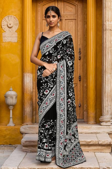 Samyukta Singhania Black Georgette Embroidery Floral Saree With Unstitched Blouse Piece 