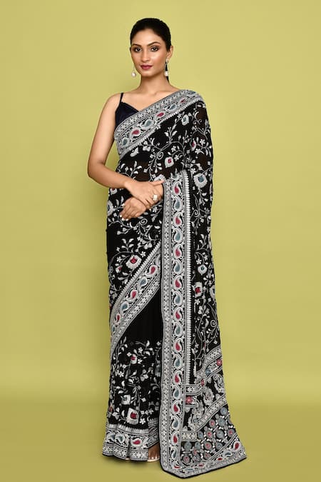 Naintara Bajaj_Black Georgette Embroidery Floral Saree With Unstitched Blouse Piece _at_Aza_Fashions