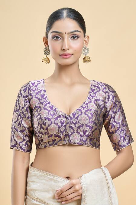 Buy Samyukta Singhania Purple Brocade, Silk Embroidery Asymmetric Floral Pattern Woven Saree Blouse Buy_Samyukta Singhania_Purple Brocade, Silk Embroidery Asymmetric Floral Pattern Woven Saree Blouse