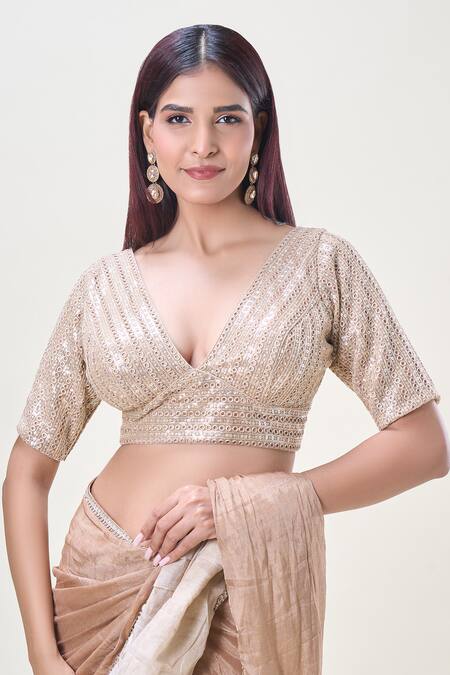 Samyukta Singhania Gold Net Sequins, Zari Plunge Neck Stripe Embroidered Saree Blouse at Aza Fashions Samyukta Singhania_Gold Net Sequins, Zari Plunge Neck Stripe Embroidered Saree Blouse_at_Aza_Fashions