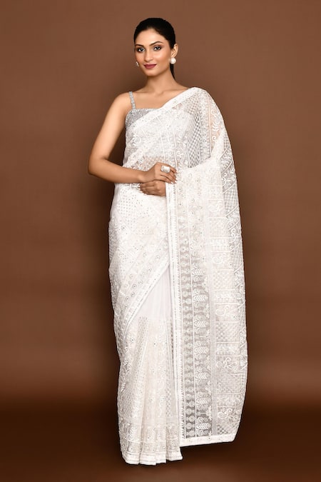 Naintara Bajaj_White Organza Sequins Flower Embroidered Saree With Unstitched Blouse Piece _at_Aza_Fashions
